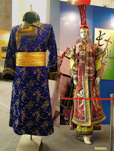 Buryat Mongolian dress deel (the square opening edges on the chest area) for a man (left) and an earlier dress deel for a woman (right) showing more elaborate design including taller hat.