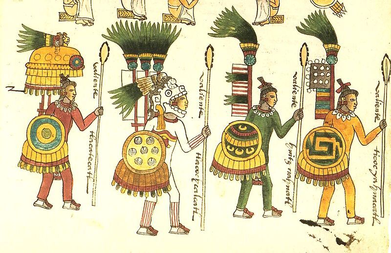 Aztec wariors as depicted in the Codex Mendoza. Note the colorful insignia won in battle.