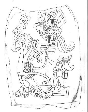 This is a drawing of Stela 25, at the Izapa archaeological site, with one of the Hero Twins and the bird demon. Public domain, via Wikimedia Commons