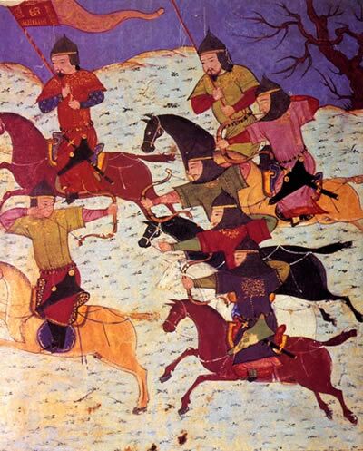 Mongol cavalry archery from Rashid-al-Din Hamadani's Universal History using the Mongol bow