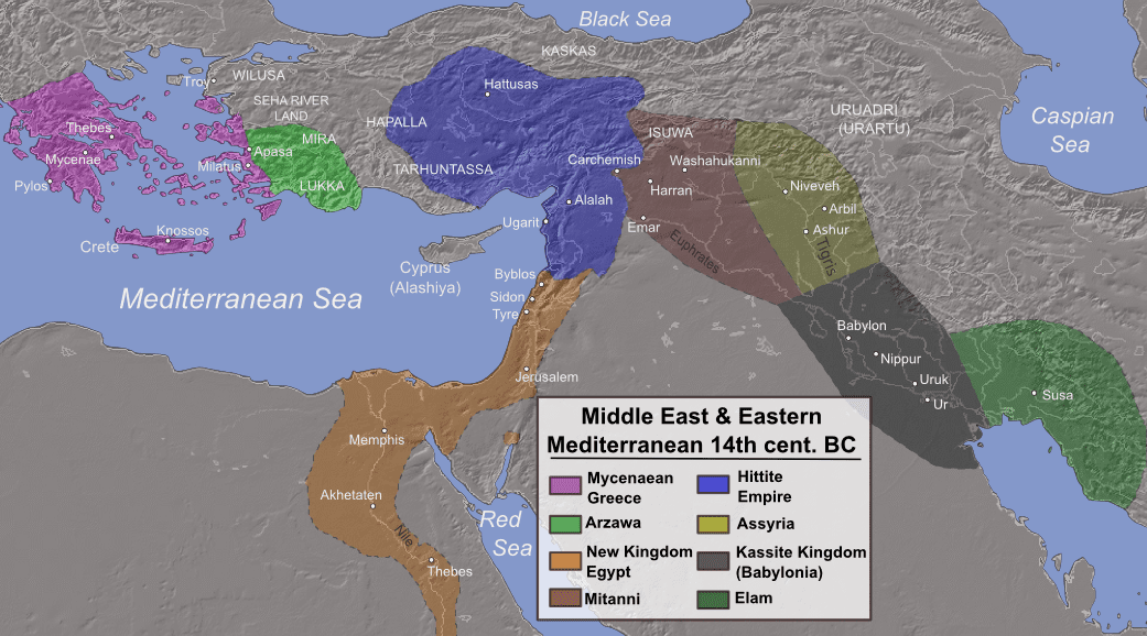 Eastern Mediterranean and Middle East in 14th century B.C. (the Armana period). Alexikoua [CC BY SA 3.0], via Wikimedia Commons