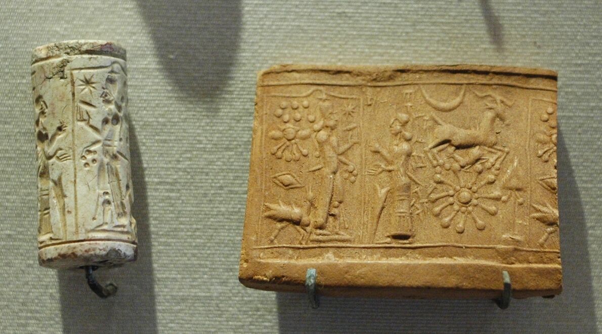 Mesopotamian limestone cylinder seal and impression—worship of Shamash, (Louvre), public domain, via Wikimedia Commons 13. Women in Mesopotamian Society