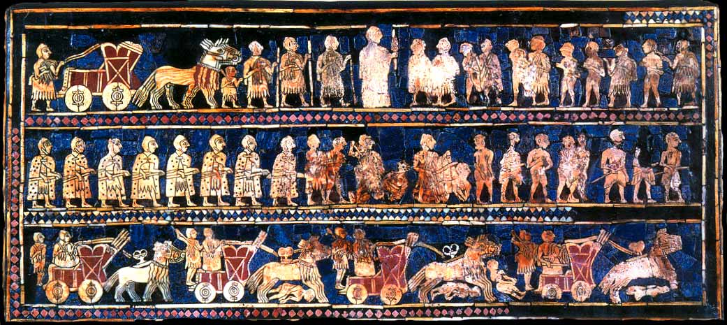 Standard of Ur, 26th century BC, “War” panel. Mosaics inlaid on wooden box, public domain, Wikimedia Commons